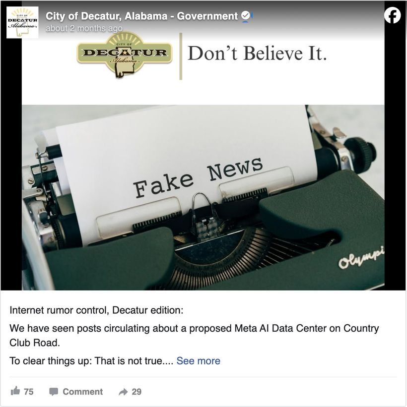 City of Decatur, Alabama Facebook post headed Don't Believe It, with a Fake News typewriter image, correcting a rumor about a proposed Meta AI data center