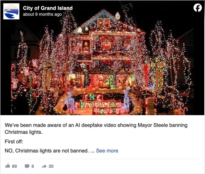 City of Grand Island, Nebraska Facebook post debunking an AI deepfake video that showed the mayor banning Christmas lights