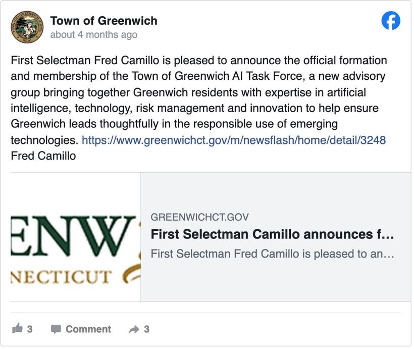 Town of Greenwich, Connecticut Facebook post announcing the formation and membership of a Town of Greenwich AI Task Force