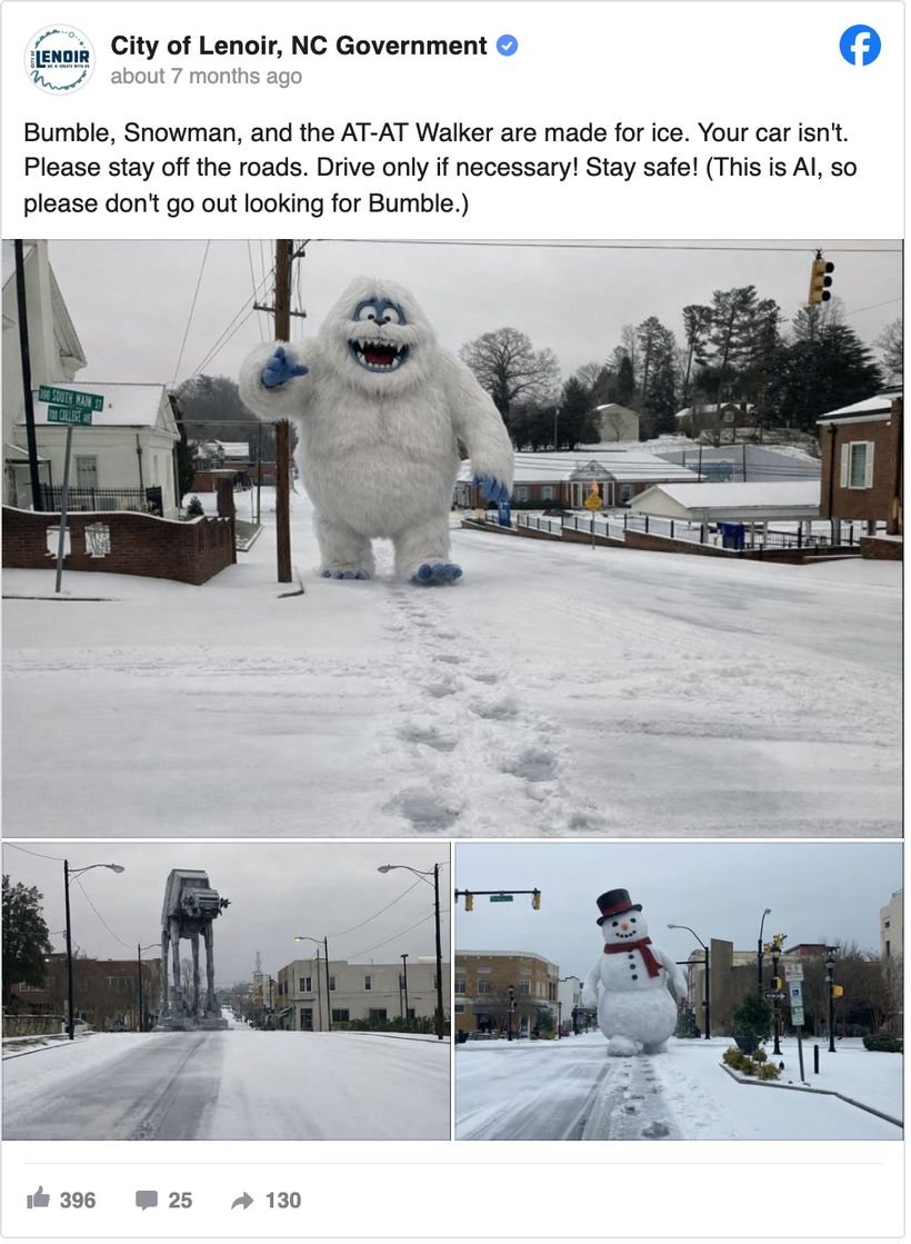 City of Lenoir, North Carolina Facebook post with an AI-generated image of an AT-AT walker on ice and a clear this-is-AI disclaimer on a winter safety reminder