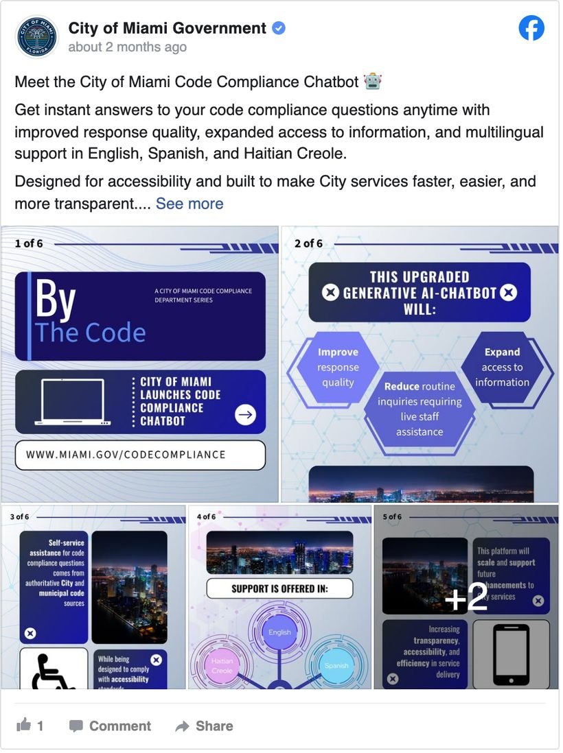 City of Miami Government Facebook post introducing a Code Compliance Chatbot with multilingual support in English, Spanish and Haitian Creole