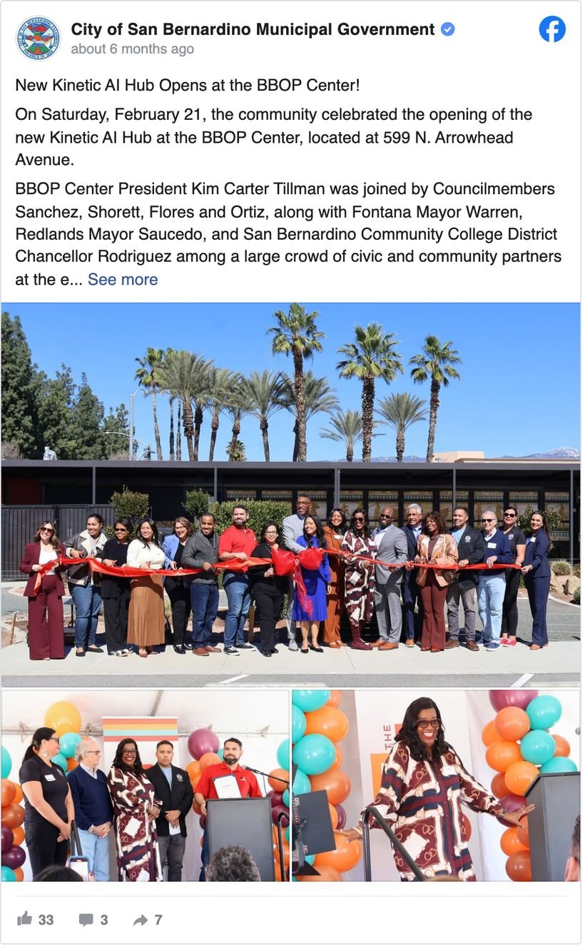City of San Bernardino, California Facebook post about opening a new Kinetic AI Hub at the BBOP Center