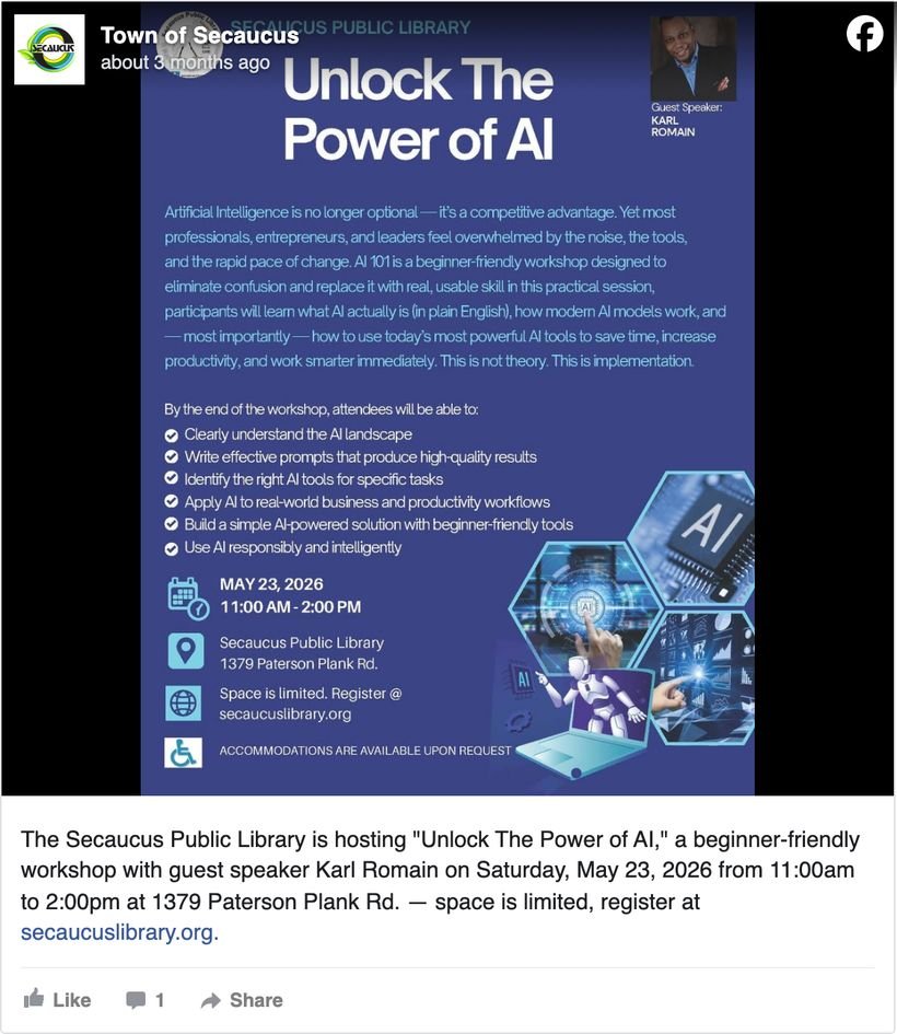 Secaucus, New Jersey Public Library Facebook post promoting Unlock the Power of AI, a beginner-friendly workshop