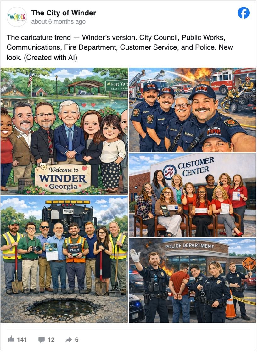 The City of Winder, Georgia Facebook post with AI-created caricatures of City Council, Public Works, Communications, Fire Department, Customer Service and Police