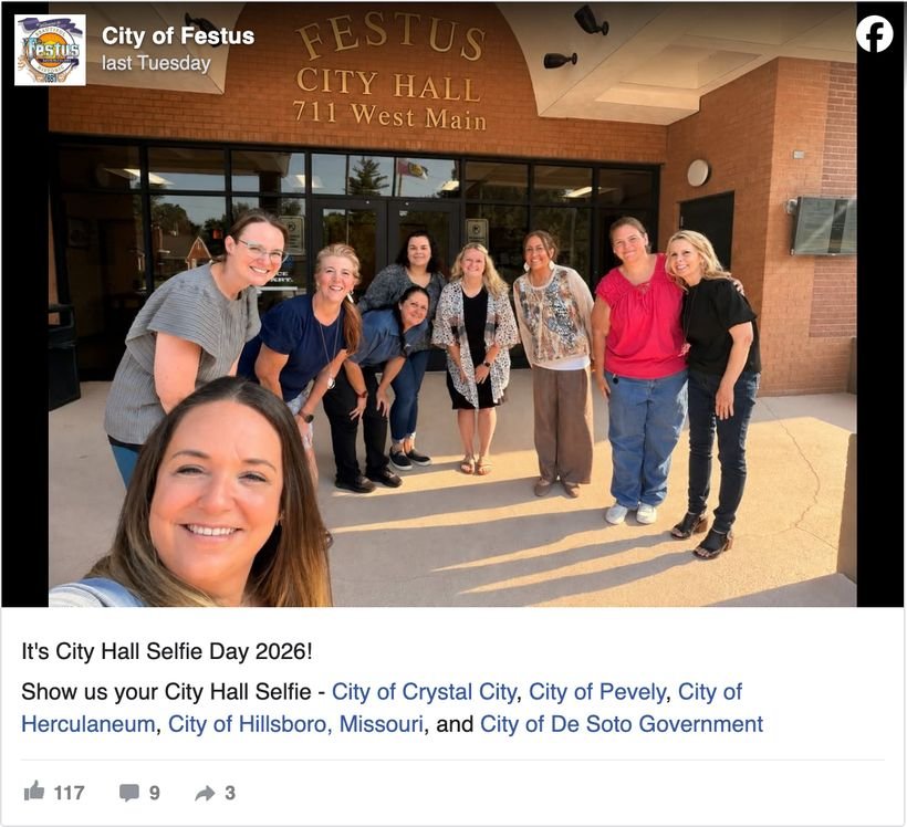 City of Festus, Missouri Facebook post tagging neighboring cities to show their City Hall Selfies