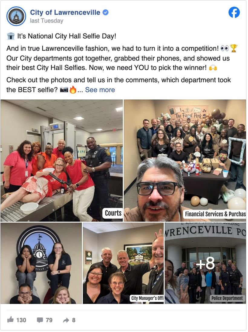 City of Lawrenceville, Georgia Facebook post for National City Hall Selfie Day