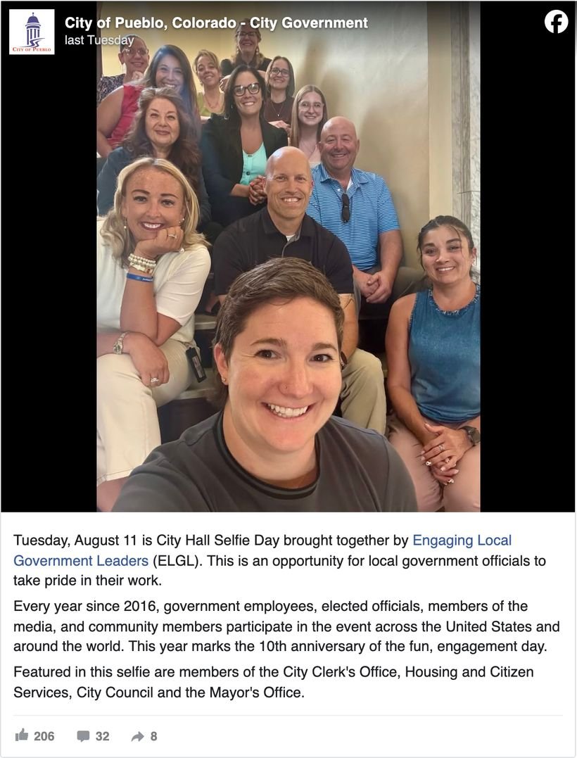 City of Pueblo, Colorado Facebook post for City Hall Selfie Day naming the City Clerk's Office, Housing and Citizen Services, City Council and Mayor's Office