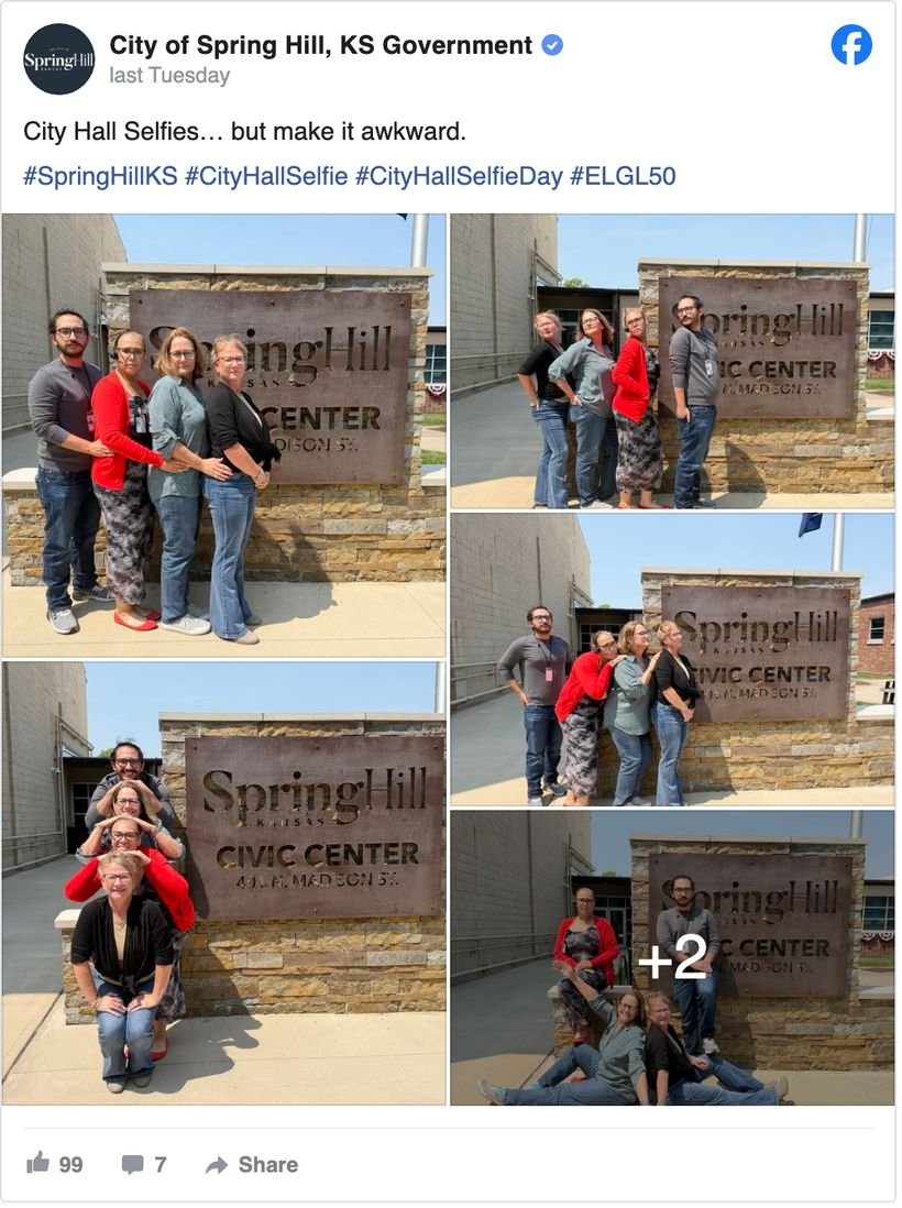 City of Spring Hill, Kansas Facebook post captioned City Hall Selfies but make it awkward, with staff photos