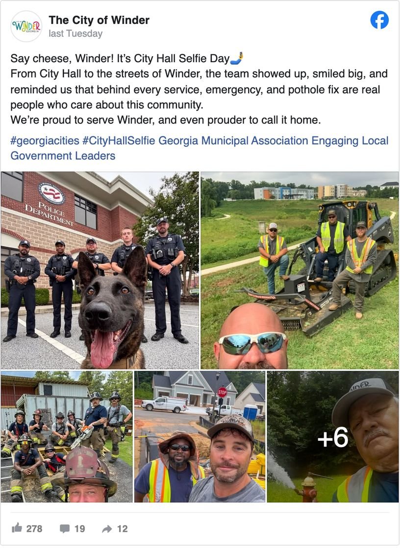 The City of Winder, Georgia Facebook post: Say cheese, Winder! It's City Hall Selfie Day, with photos from City Hall to the streets