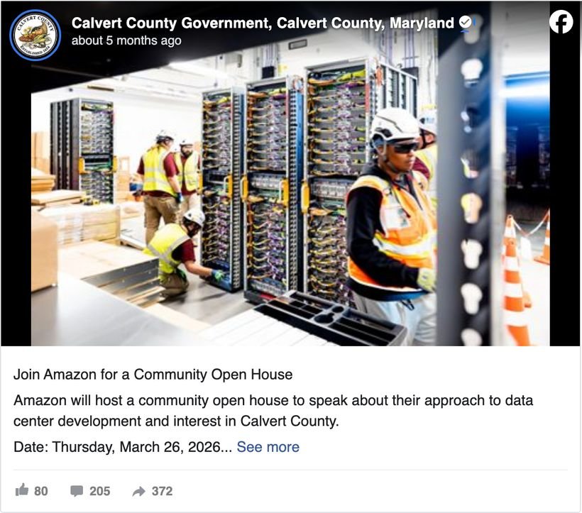 Calvert County, Maryland Facebook post inviting residents to a community open house hosted by Amazon about their proposed project