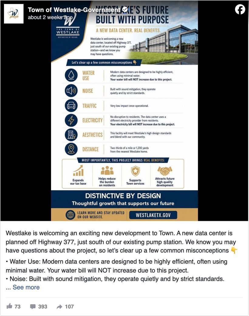 Town of Westlake, Texas Facebook post welcoming a new data center development to town