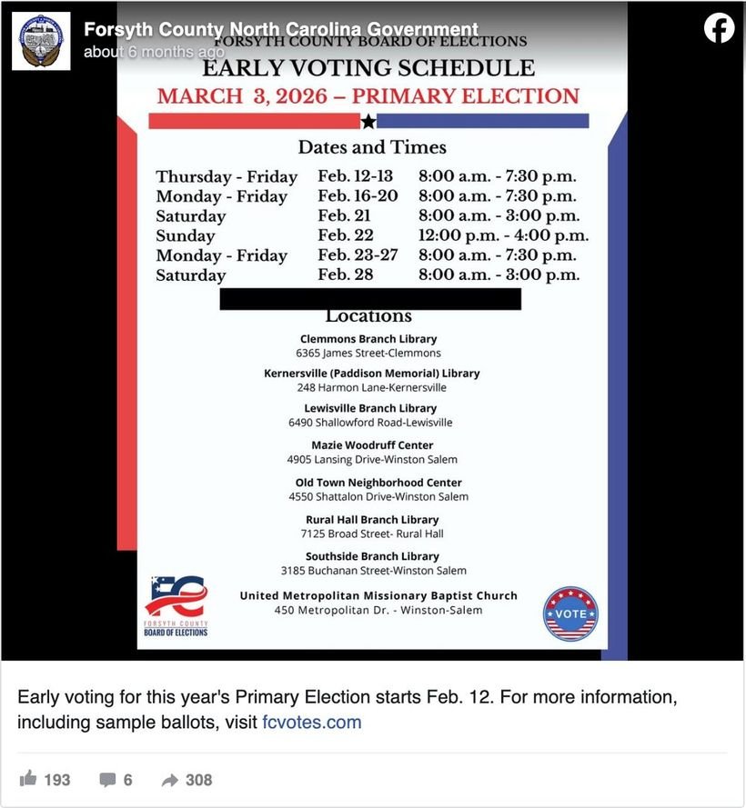 Forsyth County, North Carolina Facebook post announcing early voting for the primary election starts Feb. 12, with sample ballots at fcvotes.com — showing 193 reactions, 6 comments, and 308 shares