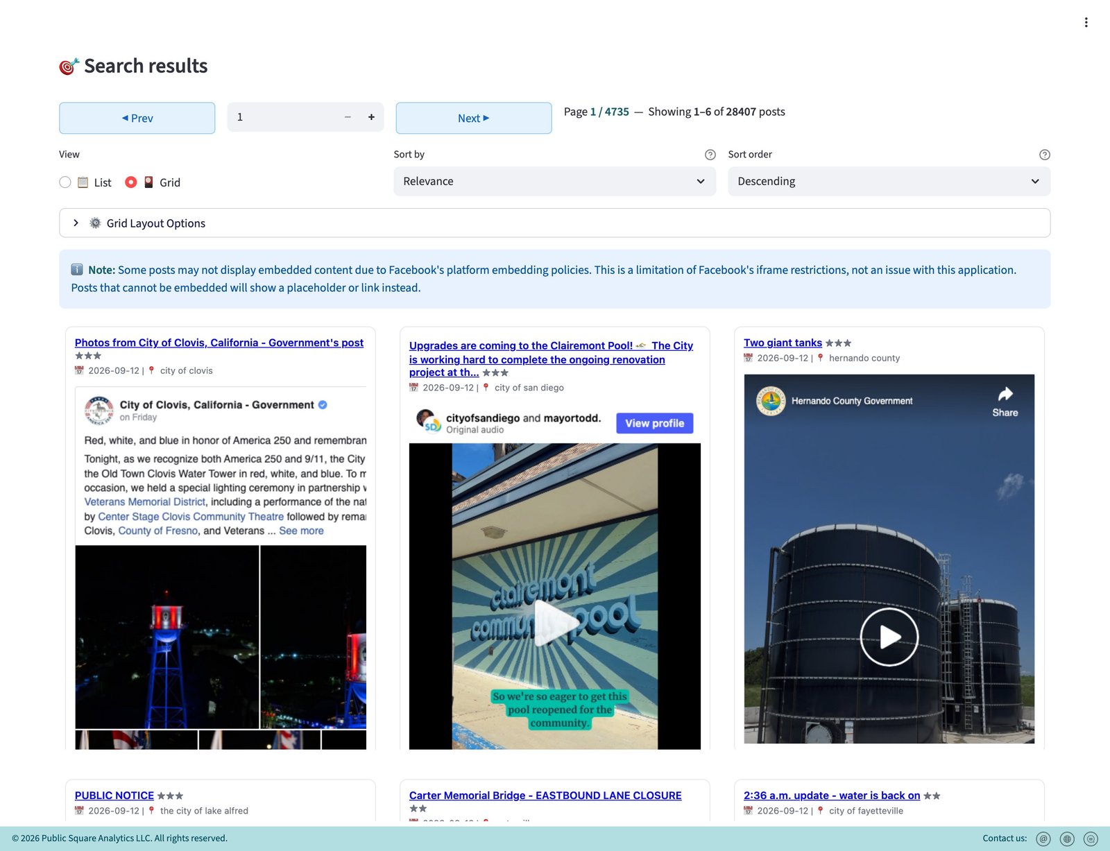 The GovFeeds dashboard showing search results for "water main" — 28,407 posts across U.S. local governments, displayed as a grid of real Facebook and Instagram posts from Clovis California, San Diego, Hernando County and others, each with its date and government
