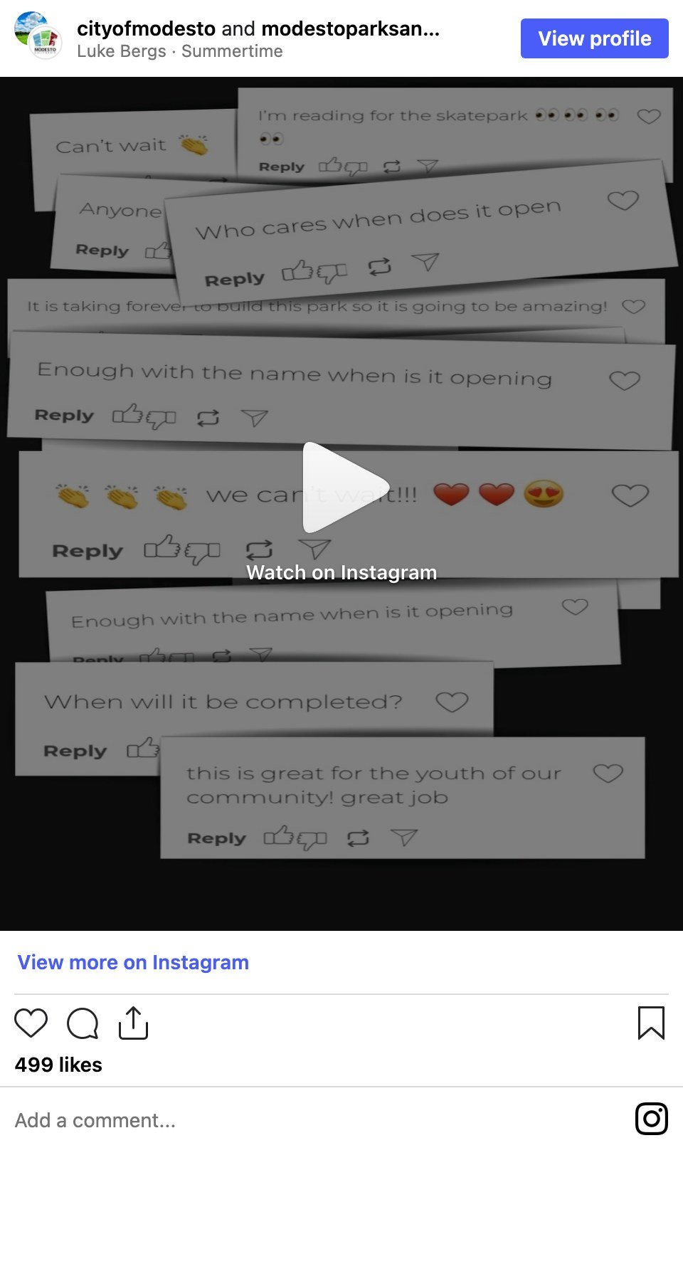 City of Modesto Instagram video post in which residents' own impatient comments about a delayed park - including 'Enough with the name when is it opening' and 'When will it be completed?' - are shown as scattered cards, used as the set-up for announcing the park's opening