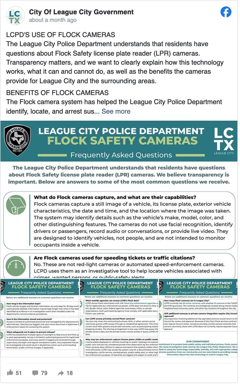 League City, Texas Facebook post with a card series explaining the police department's use of Flock cameras, safeguards, audit logging, and commitments