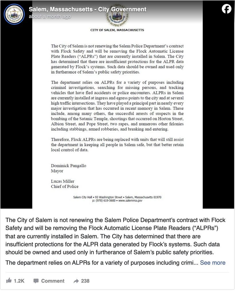 City of Salem, Massachusetts Facebook post announcing it is not renewing its Flock Safety contract and will remove the license plate readers, showing 1.2K reactions and 238 shares