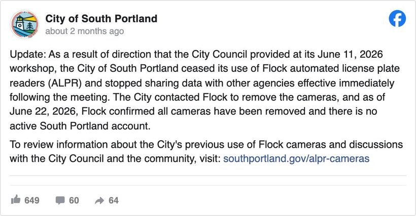 City of South Portland, Maine Facebook update confirming it ceased use of Flock license plate readers and that all cameras have been removed, with a link for more information