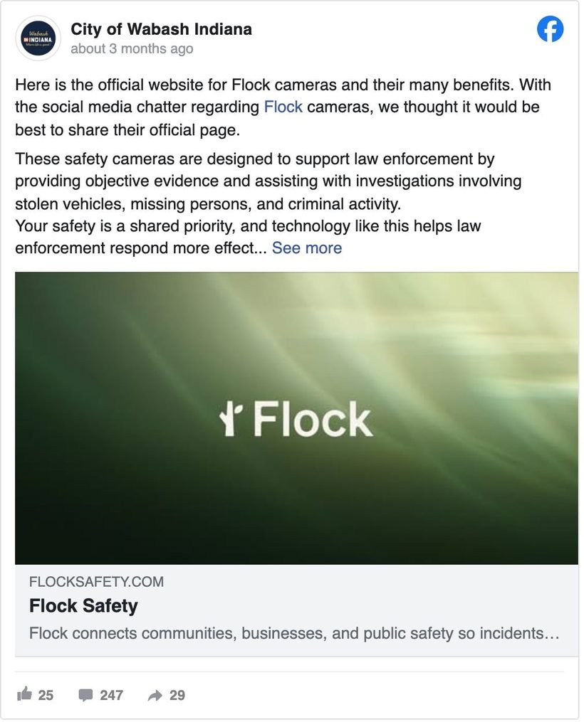 Wabash, Indiana Facebook post sharing Flock Safety's official website in response to social media chatter, showing 25 reactions and 247 comments