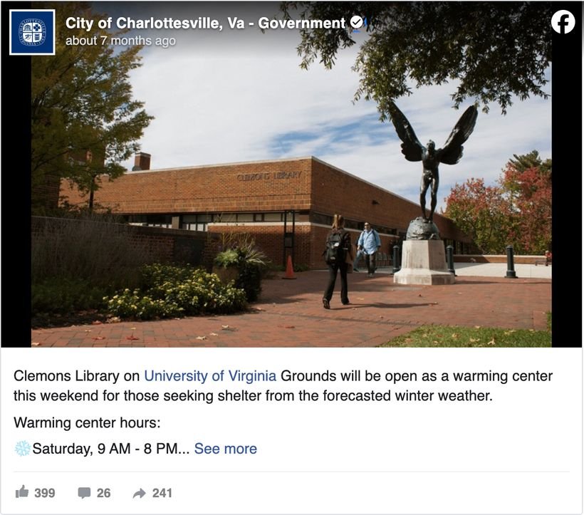 Charlottesville, Virginia Facebook post announcing that Clemons Library will be open as a warming center, listing the hours directly in the post