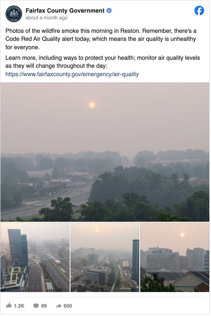 Fairfax County, Virginia Facebook post showing wildfire smoke over Reston and explaining the Code Red air quality alert, with a link to the county air-quality page