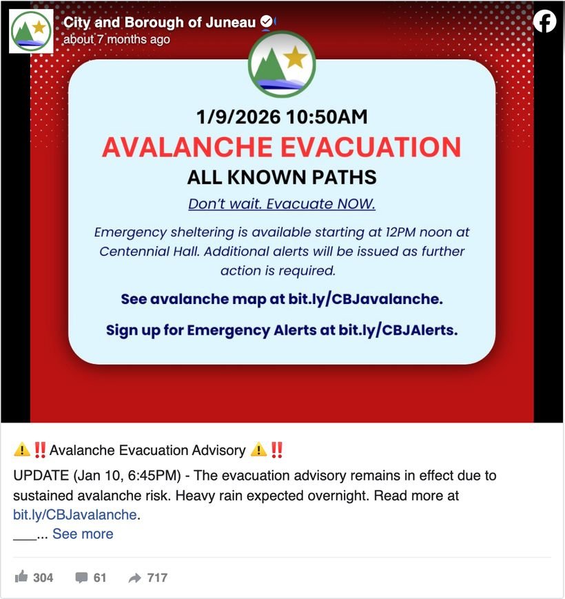 City and Borough of Juneau, Alaska Facebook post updating an avalanche evacuation advisory and linking residents to the borough's avalanche page