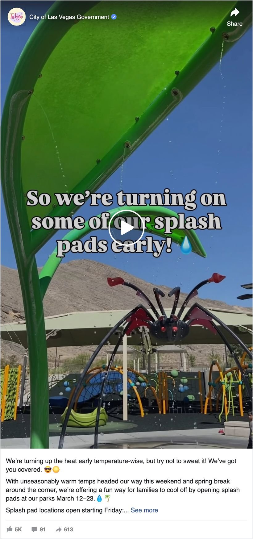City of Las Vegas Facebook video announcing splash pads opening early because of unseasonably warm temperatures, with a locations link