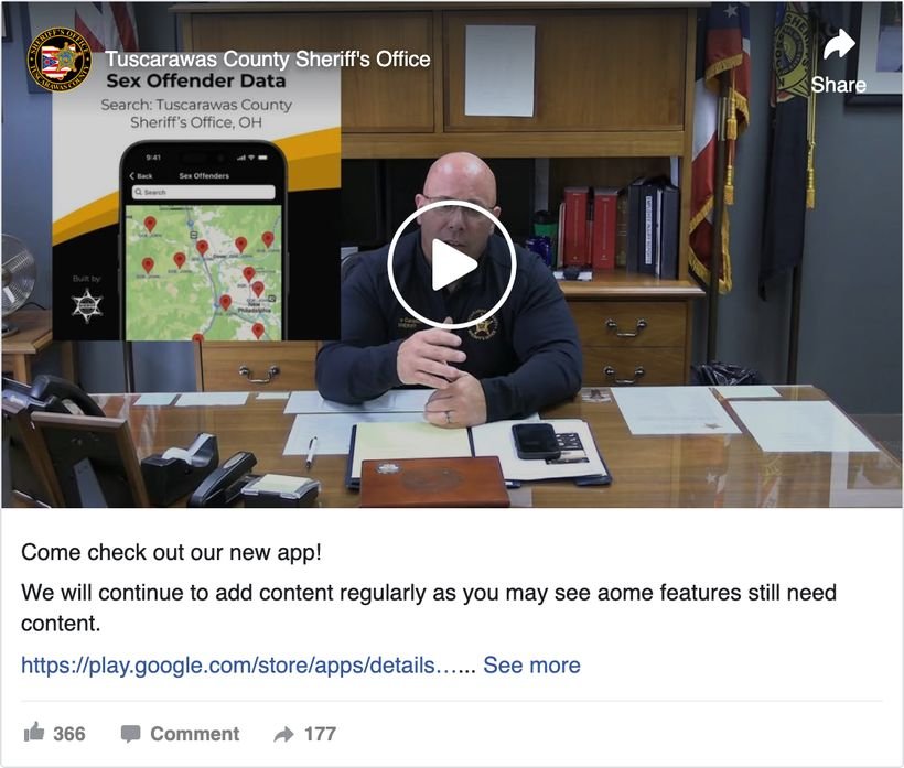 Tuscarawas County Sheriff's Office Facebook video in which a uniformed officer introduces the office's new app from his desk, with an on-screen demo of the app's sex-offender map