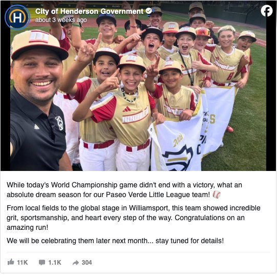 City of Henderson Government Facebook post congratulating its Paseo Verde Little League team on their season, with 11,000 reactions