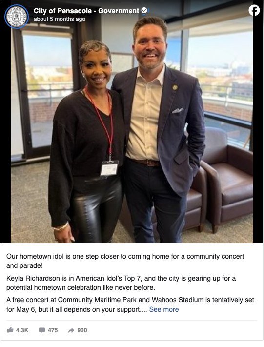 City of Pensacola Facebook post celebrating a hometown American Idol contestant and a planned community concert, with thousands of reactions