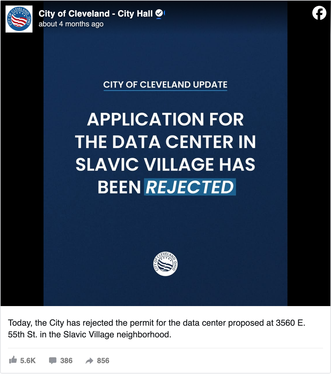 Facebook post: the City of Cleveland announcing a data-center permit was rejected