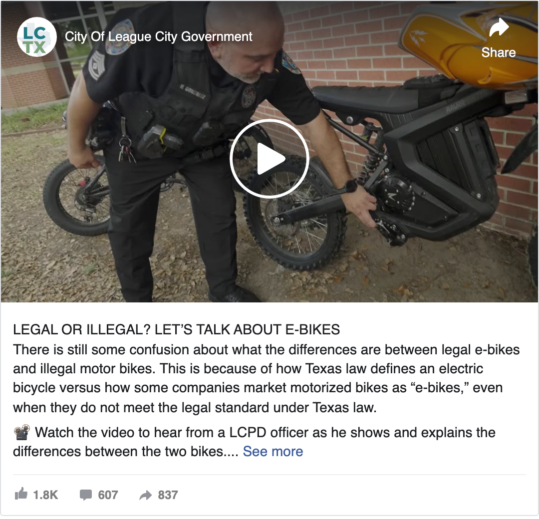 Facebook post: the City of League City, TX explaining e-bike rules