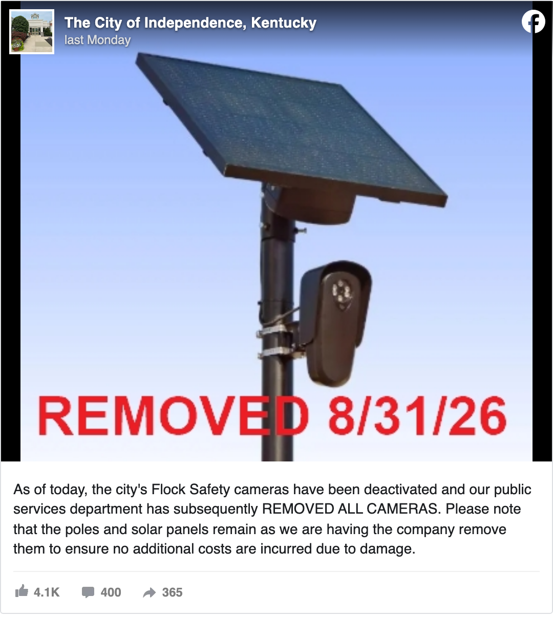 Facebook post: the City of Independence, KY announcing its Flock cameras were deactivated