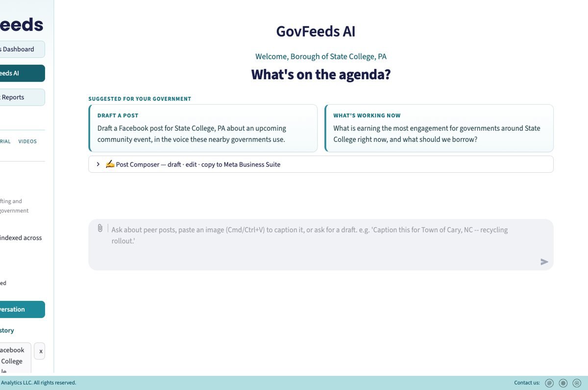 GovFeeds AI screen suggesting a draft post and a what-is-working-now question for a government