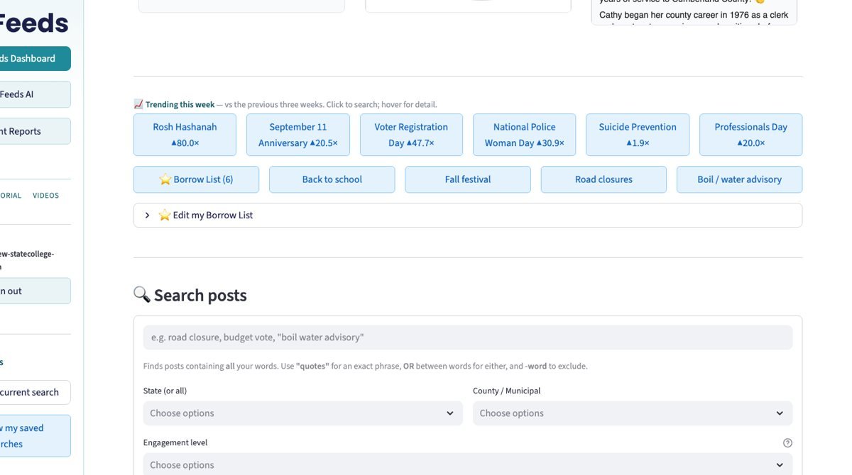 GovFeeds search screen showing trending topics for local governments and filters by state, county, engagement and population band