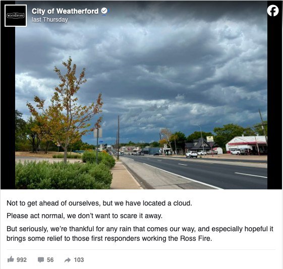 City of Weatherford, Texas Facebook post joking about locating a single cloud during a drought