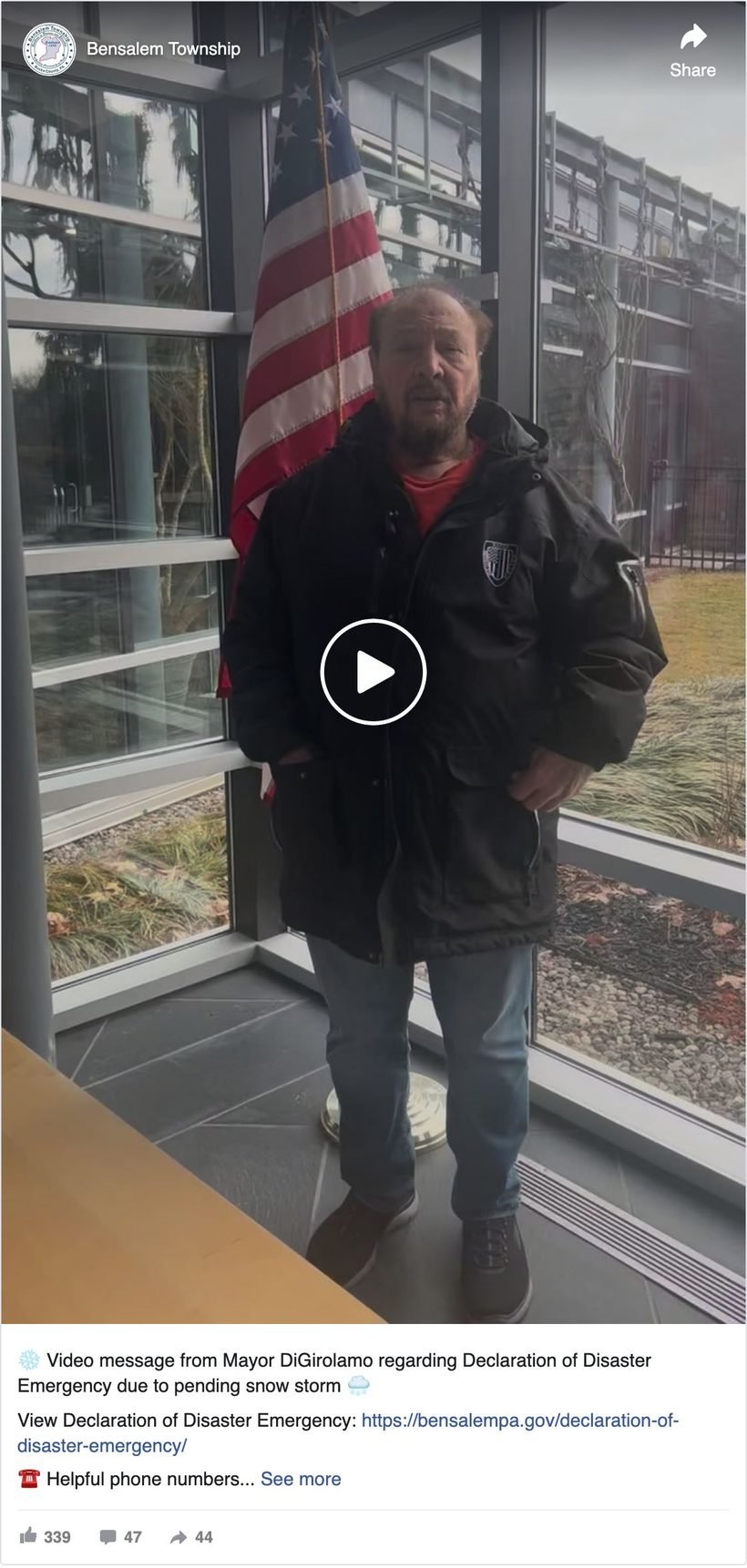 Bensalem Township, Pennsylvania Facebook video of the mayor announcing a declaration of disaster emergency ahead of a snow storm, with a link to the declaration