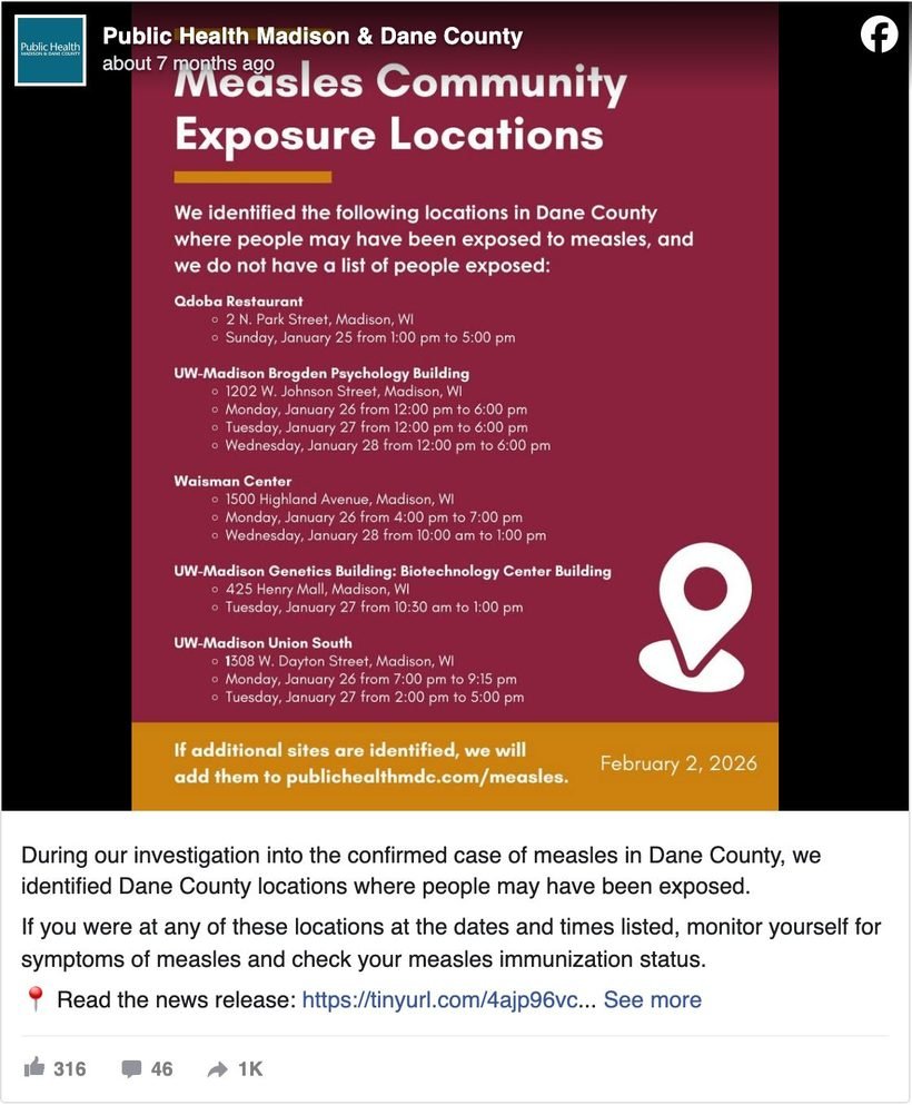 Dane County, Wisconsin Facebook post about a confirmed measles case, listing potential exposure sites and linking to the news release