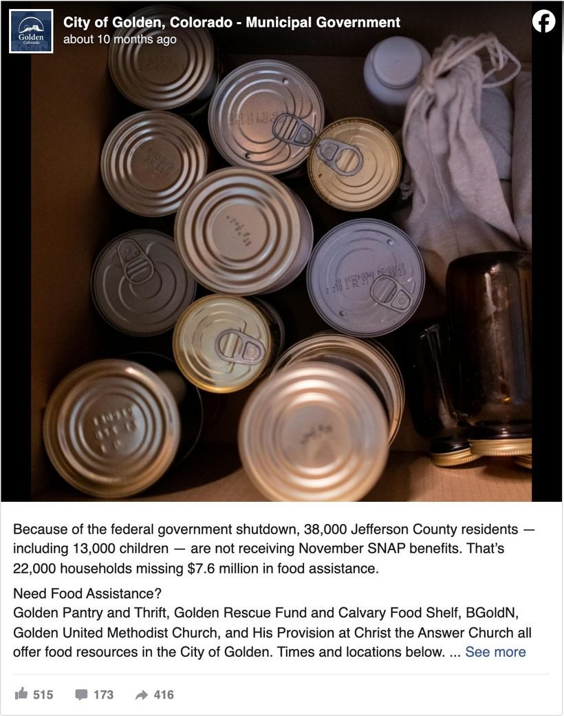 City of Golden, Colorado Facebook post about food resources during the federal government shutdown, with times and locations listed in the post