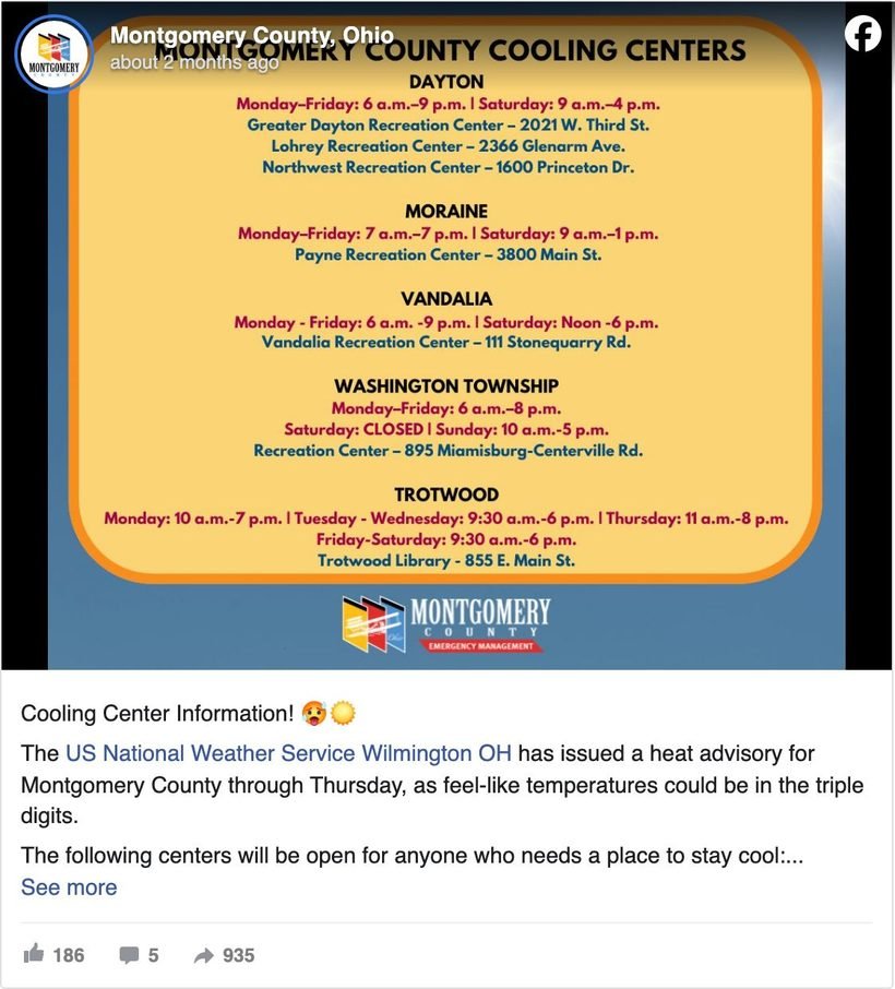 Montgomery County, Ohio Facebook post about a heat advisory, with a graphic listing every cooling center and its opening hours by city