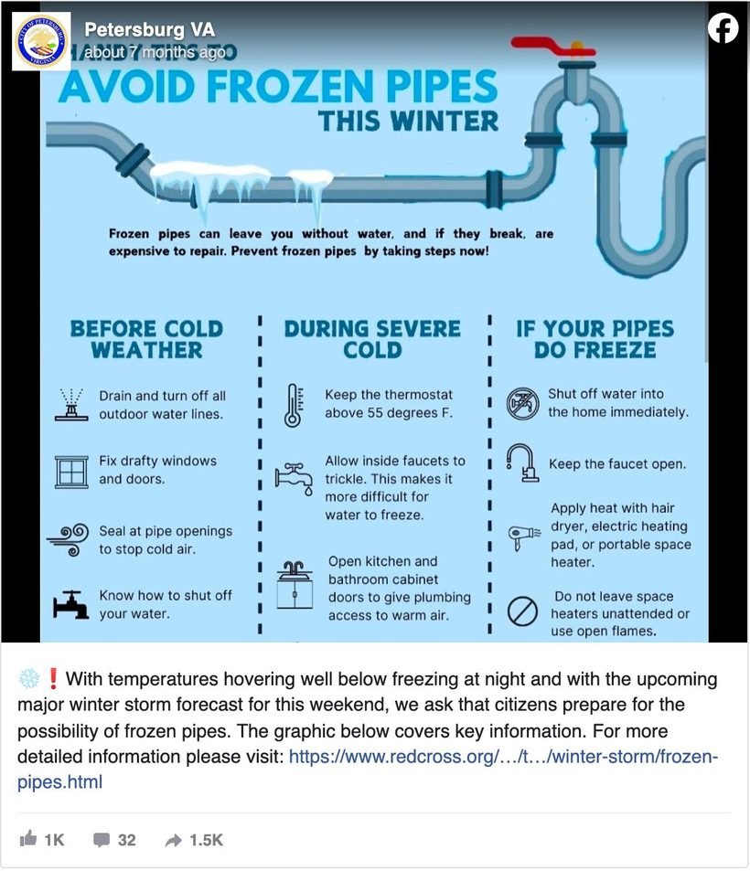 Petersburg, Virginia Facebook post about freezing temperatures and protecting pipes, linking to guidance on the city website