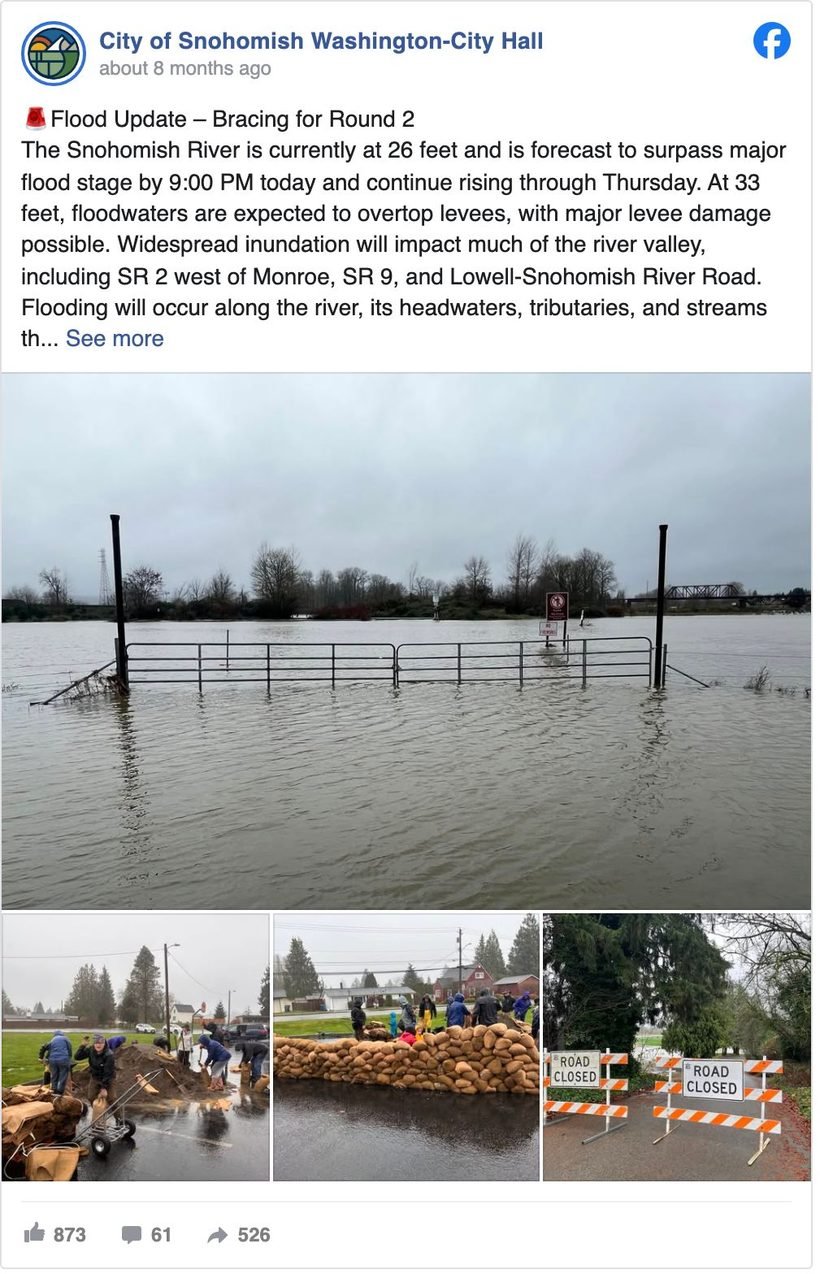 City of Snohomish, Washington Facebook flood update with photographs of flooded streets and a link to more information