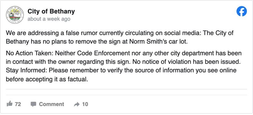 City of Bethany, Oklahoma Facebook post addressing a false rumor that the city plans to remove the sign at Norm Smith's car lot, stating no action has been taken and reminding residents to verify sources