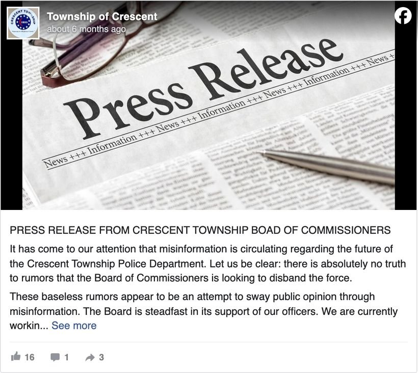 Crescent Township, PA press release from the Board of Commissioners stating there is absolutely no truth to rumors that the Board is looking to disband the police force