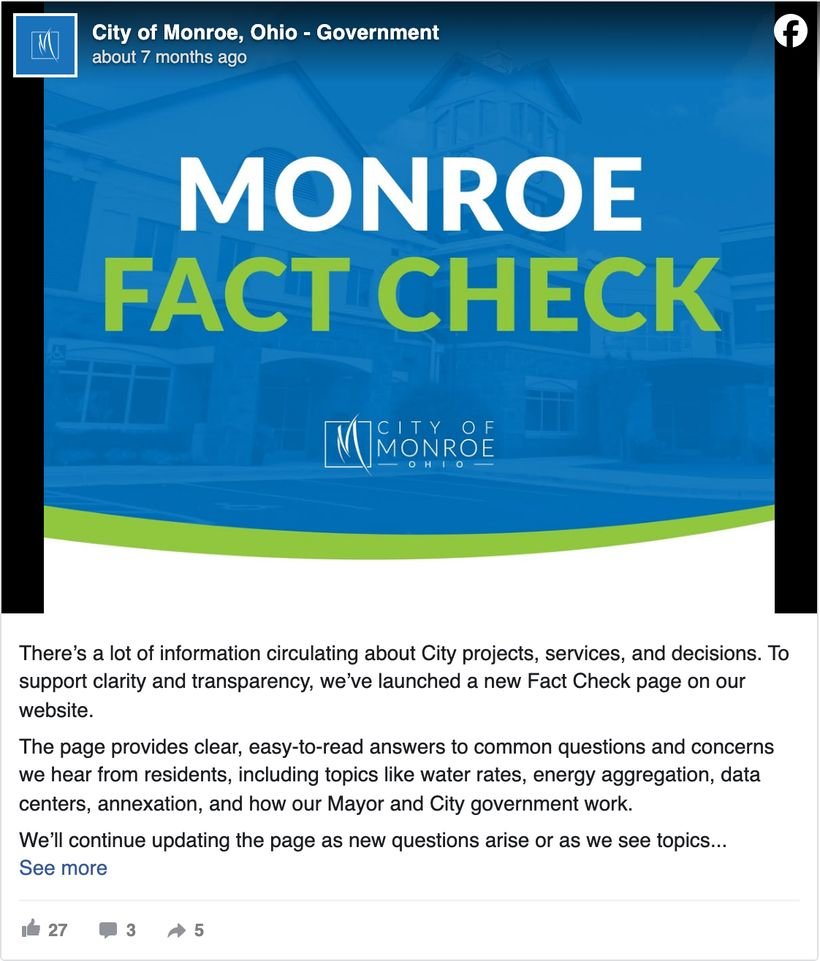 City of Monroe, Ohio Facebook post announcing a new Fact Check page on the city website in response to information circulating about city projects, services, and decisions