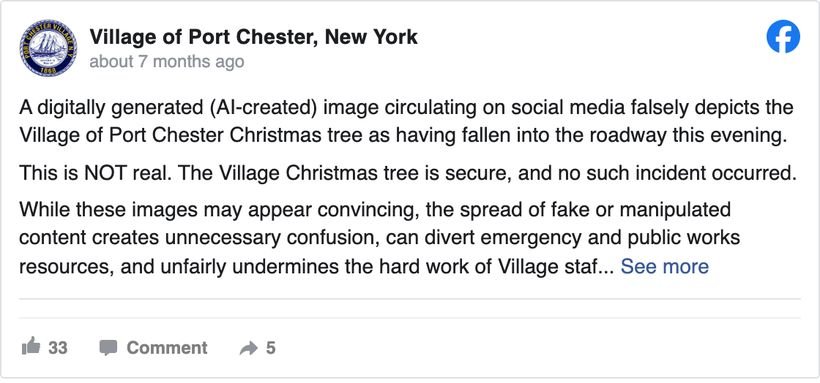 Village of Port Chester, NY Facebook post stating that a digitally generated, AI-created image circulating on social media falsely depicts the Village Christmas tree