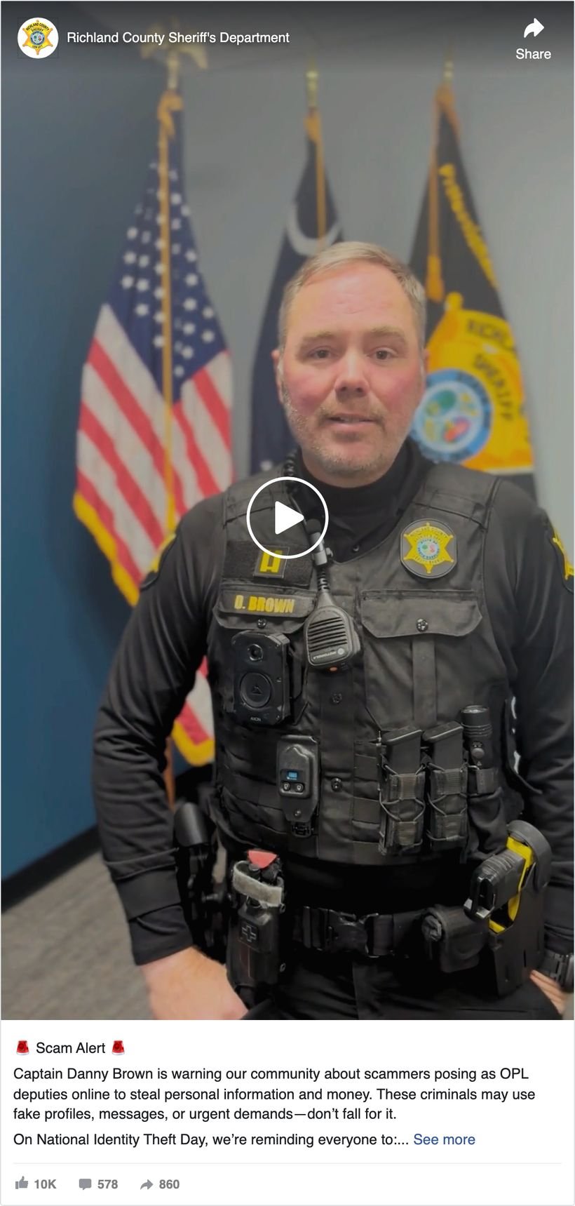 Richland County, SC Sheriff's Department video: Captain Danny Brown warns the community about scammers posing as deputies online to steal money