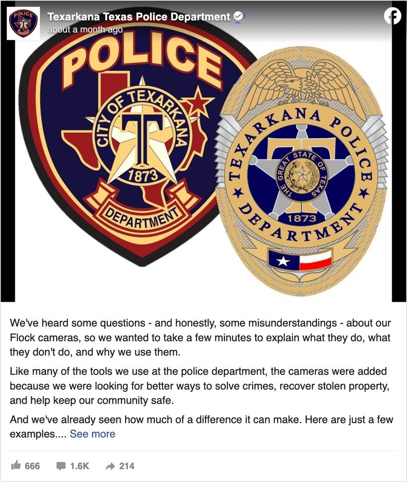 Texarkana Texas Police Department Facebook post explaining what the city's Flock cameras do and don't do, showing 666 reactions, 1.6K comments and 214 shares